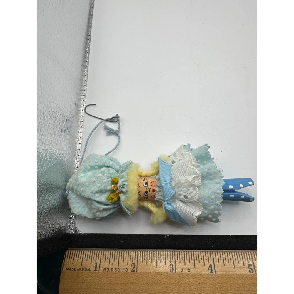 Vintage Handmade Clothespin Doll Ornament Blue Polka Dot Folk Art 4.5